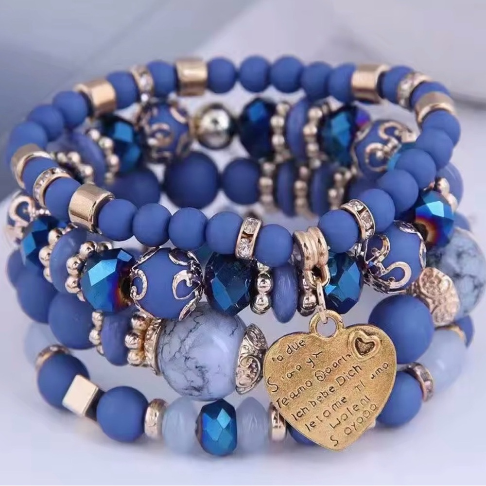 4 Pieces Blue Multi-Strand Beaded Heart Charm Bracelet Golden Tone